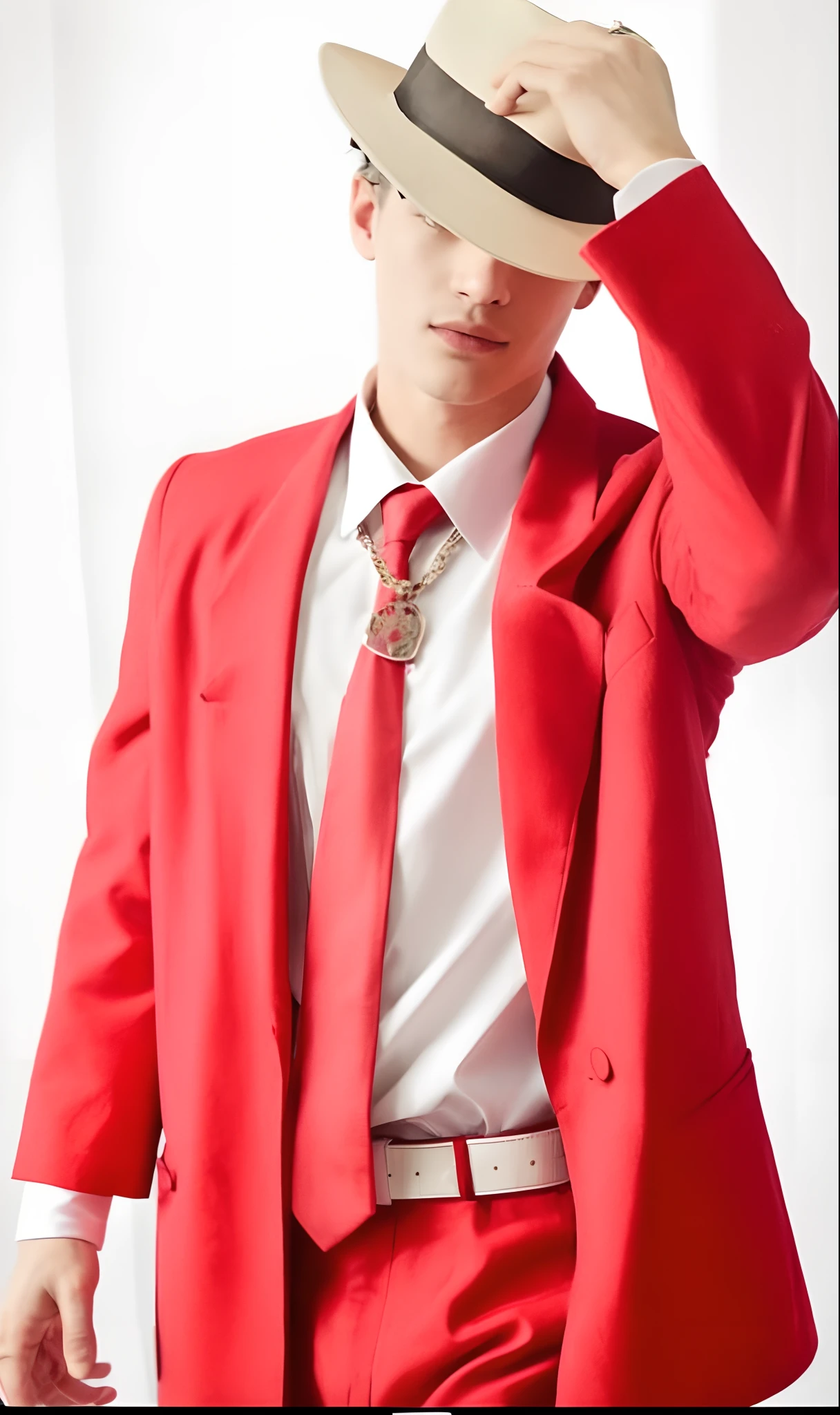 Man in red suit and hat poses for photo, terno vermelho, vestindo trajes formais vermelhos, vestindo trajes vermelhos, vestindo jaqueta vermelha, bladee from drain gang, jaqueta vermelha, Gravata Vermelha, vestindo um terno preto e vermelho, jaqueta vermelha legal, vestindo roupas vermelhas, gravata vermelha, Cai Xukun, usando uma roupa vermelha, roupas vermelhas