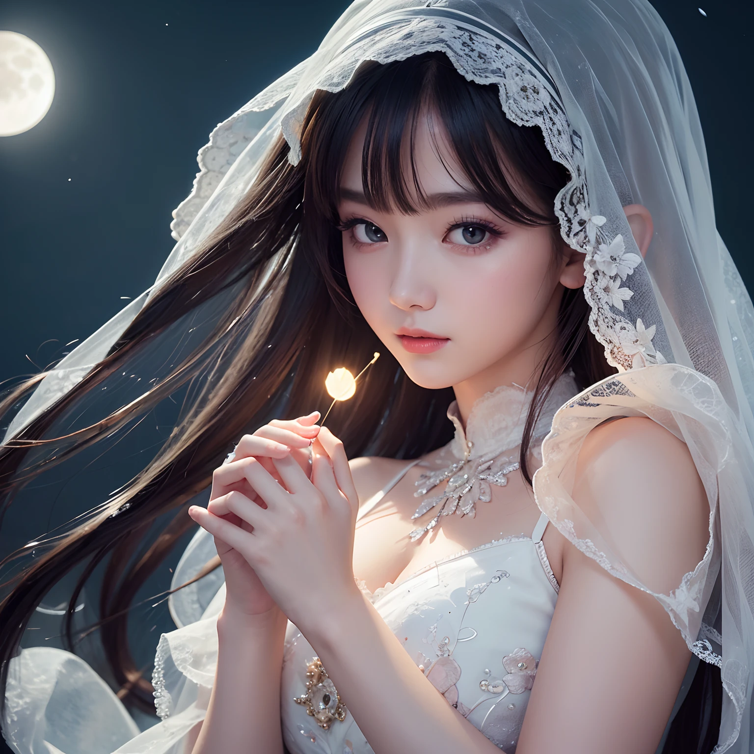 (moon)
(RAW photo), clear shadows
(Masterpiece, Best Quality), 8k, Absurd, ((Super Detailed)), (Lovely Delicate Face), (1 Girl), Solo, Night, Night Background, Wearing a Floral Dress, (Has an Oversized White Moon in the sky), girl holding moon cake in hand, depth of field,