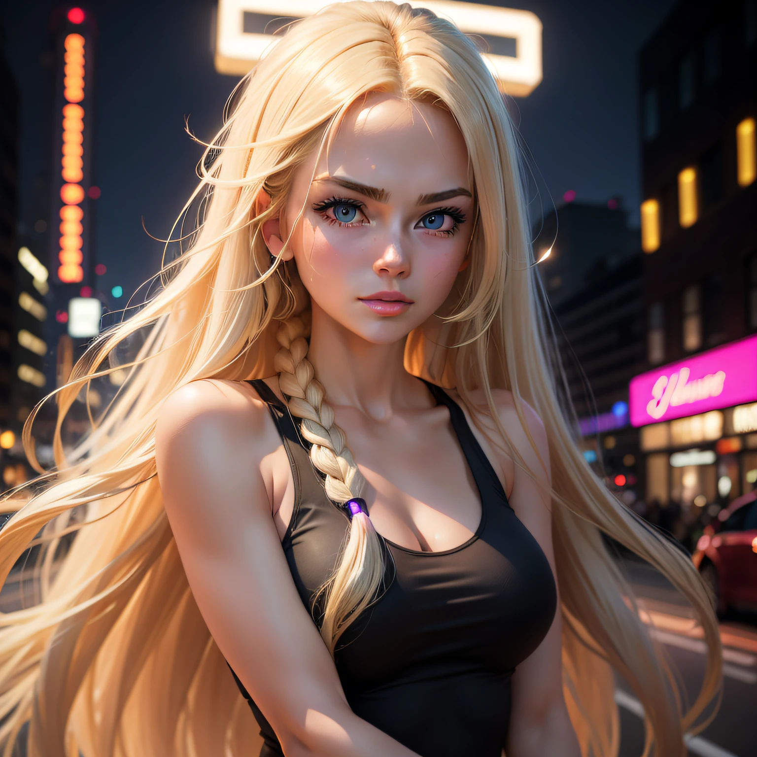 Woman with long blonde hair standing in front of 4WD light-up in the city at night with long lashes and clean face wearing a tank top and big
