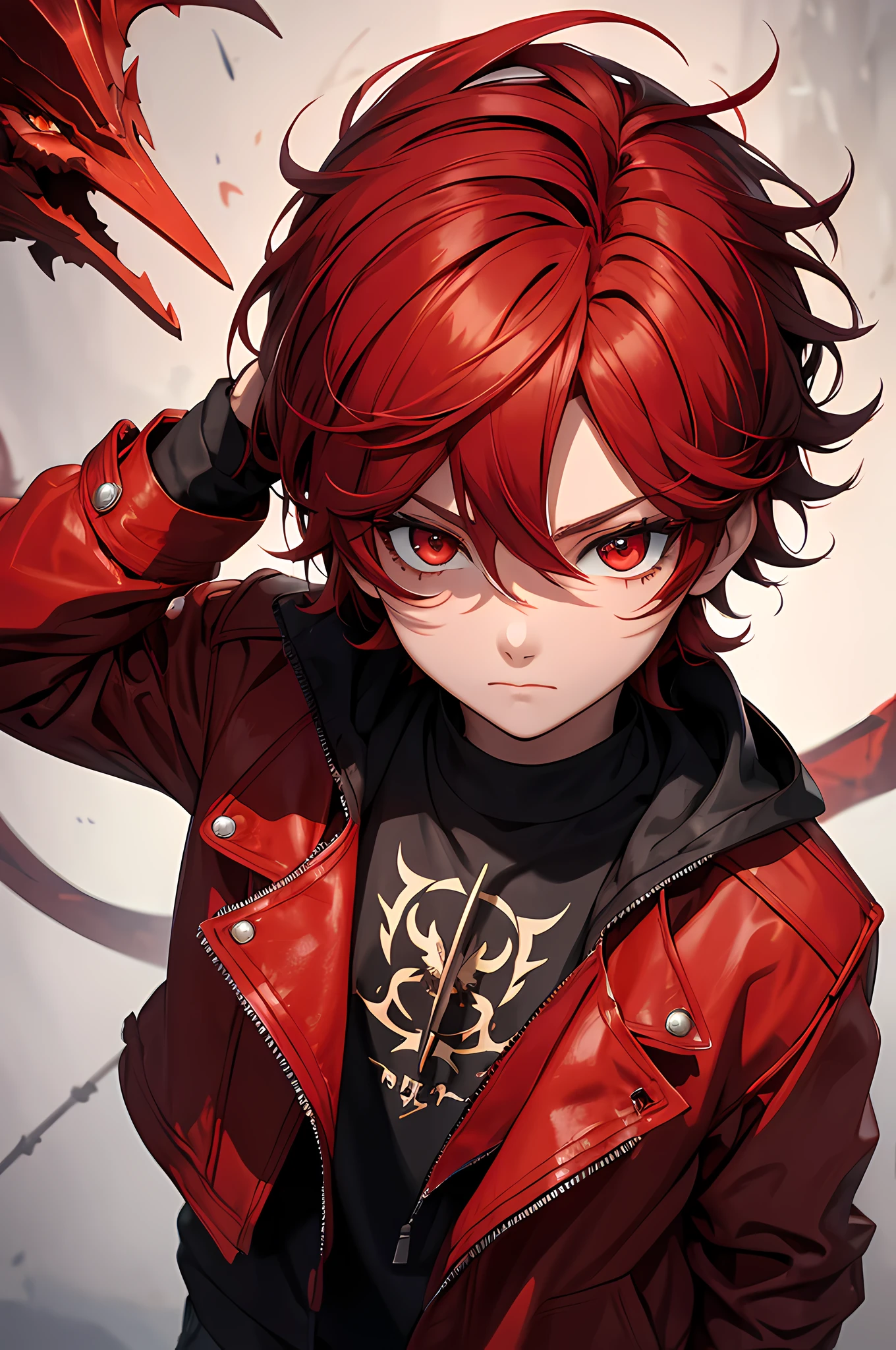 boy, short scarlet messy hair, fiery red upturned eyes, black and red jacket with dragon designs