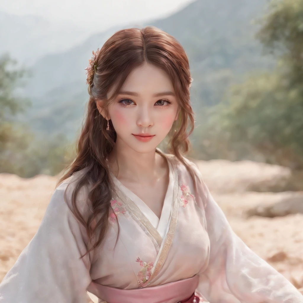 (((Full body portrait of one very young girl!!!))). (Professional 3D Rendering:1.3) in the (Realistic:1.3) The most beautiful artwork photos in the world,  Extremely beautiful and attractive face of a very young Caucasian girl with no makeup!!. perfect facial proportions. Girl with soft and shiny long hair, detailed portrait of an anime girl, soft anime illustration, Stunning anime face portrait, Cute realistic portrait, Beautiful Anime Portrait, artwork in the style of guweiz, portrait of cute anime girlbabes, Detailed Digital Anime Art, Portrait Anime Girl, portrait of cute anime girlbabes, Realistic anime art style, Realistic anime art style、The background is mountainous、Girl in Myanmar national costume、Eye color is pink sapphire、Sitting girl、Smiling girl
