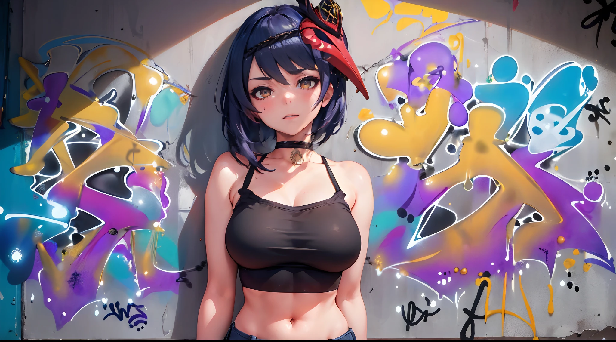 Kujou Sara Genshin Effect, masterpiece, bestquality, 1girls, mediuml breasts, bara, crop top, shorts jeans, choker, (Graffiti:1.5), Splash with purple lightning pattern., arm behind back, against wall, View viewers from the front., Thigh strap, Head tilt, bored, Ponytail, water eyes,