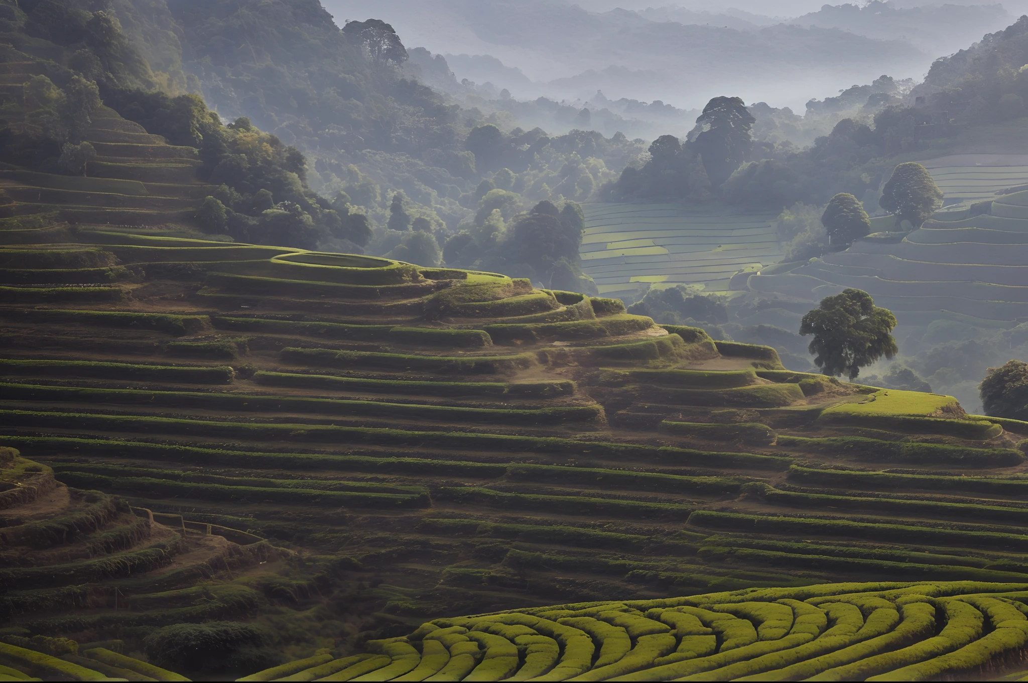 Background: Landscape painting style，assam tea garden, terraced, staggered terraces, assam tea garden background, assam tea garden setting, patches of green fields, assam tea village background, grass spiral mountain landscape, terraced orchards and ponds, hills in the background, korean countryside, stunning lines, Thick lines
