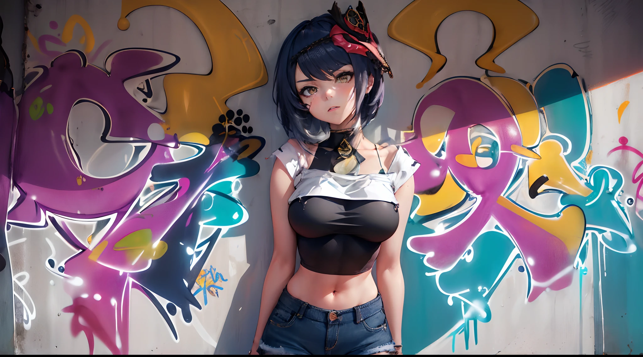 Kujou Sara Genshin Effect, masterpiece, bestquality, 1girls, oversized breasts, bara, dress shirt, Long Jeans, choker, (Graffiti:1.5), Splash with purple lightning pattern., arm behind back, against wall, View viewers from the front., Thigh strap, Head tilt, bored, water eyes,