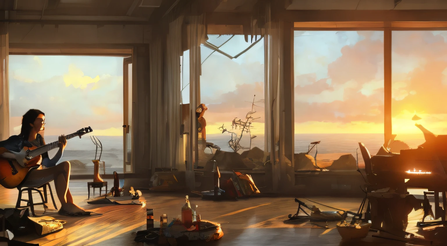 beautiful guitar in a room, sunset, cinematic by jeremy mann, by sandra chevrier, by dave mckean and richard avedon and maciej kuciara, high detailed, 8k