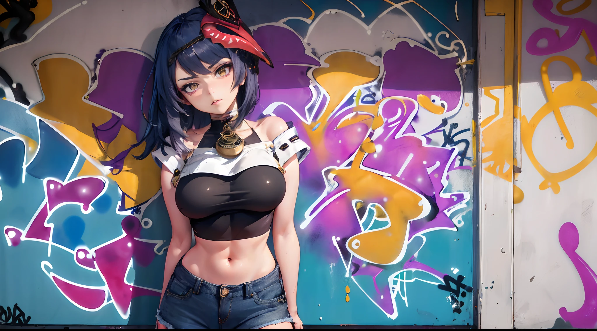 Kujou Sara Genshin Effect, masterpiece, bestquality, 1girls, mediuml breasts, bara, crop top, shorts jeans, choker, (Graffiti:1.5), Splash with purple lightning pattern., arm behind back, against wall, View viewers from the front., Thigh strap, Head tilt, bored, Ponytail, water eyes,