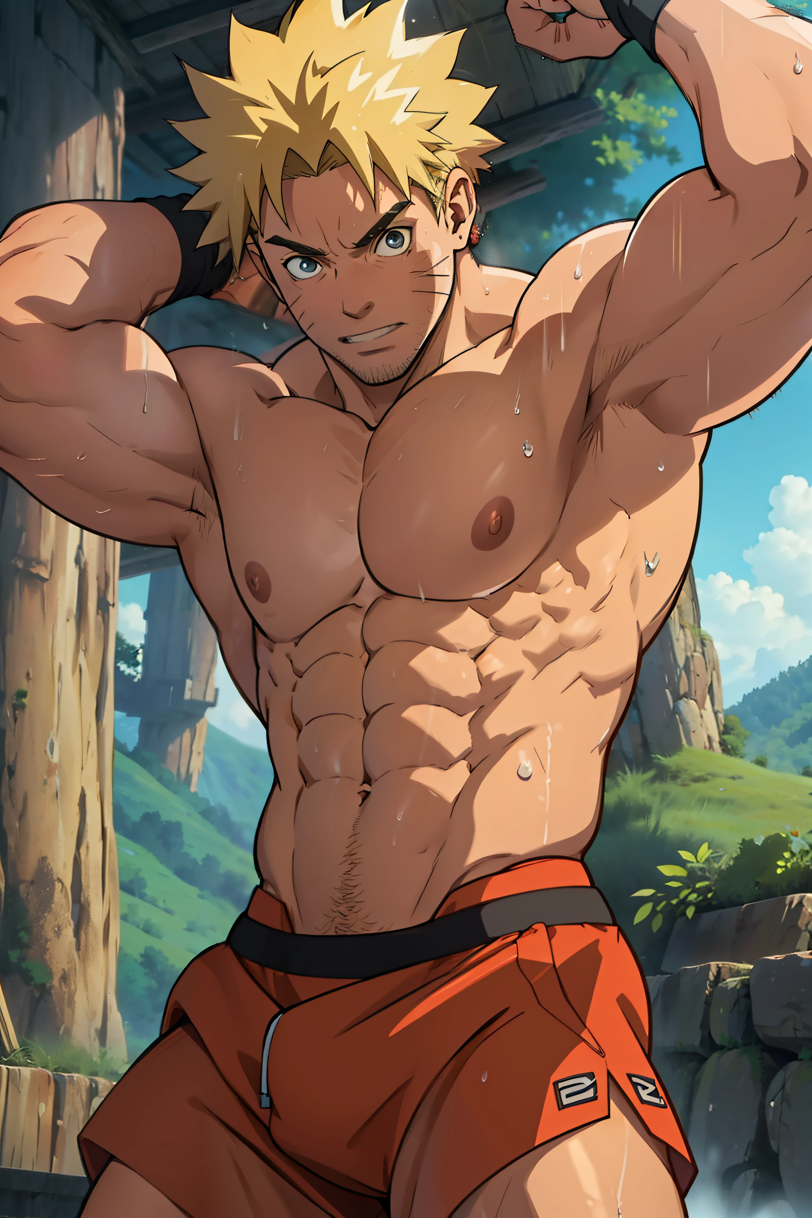 [highest quality photo][ 4k,HD photo quality] (close-up) (photo angle from bottom up) huge muscular thigh muscles, wear tight triangle briefs small, huge thigh muscles ,muscular thigh muscles, muscular thigh muscles, giant thigh muscles, sinewy thigh muscles,Uzumaki Naruto, lots of sweat flowing down, topless, shirtless, sunny, shiny skin,rosy skin,pink skin, red skin, bodybuilder,  8-pack abs, giant, muscular chest muscles, giant muscular, sinewy biceps, cute ********* , two arms behind the back