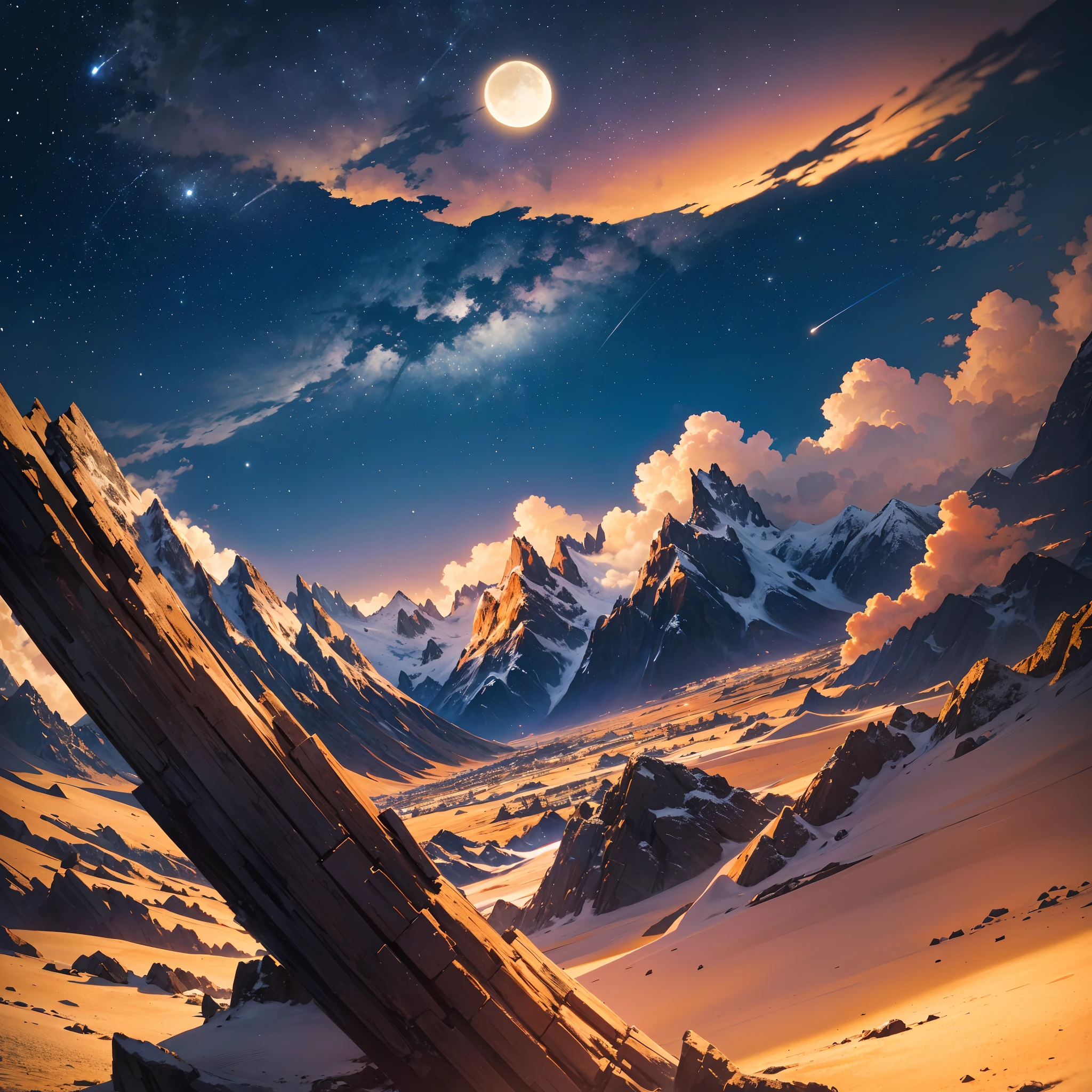 Sunset scene at night with stars in the sky and the moon, high image quality, high detail, high resolution, 4k, 8k, 16k