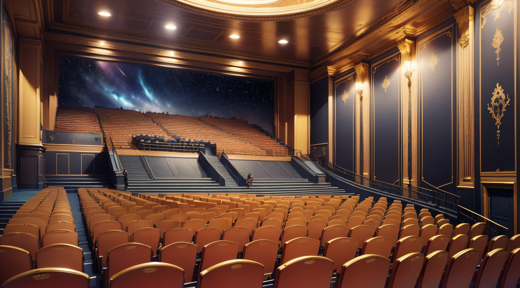 Cine, movie theater, movies, film, theater , Royal Asthetic, realistic, realista, gold and brown colors, colores dorados, cealing open, techo abierto, stars, Estrellas