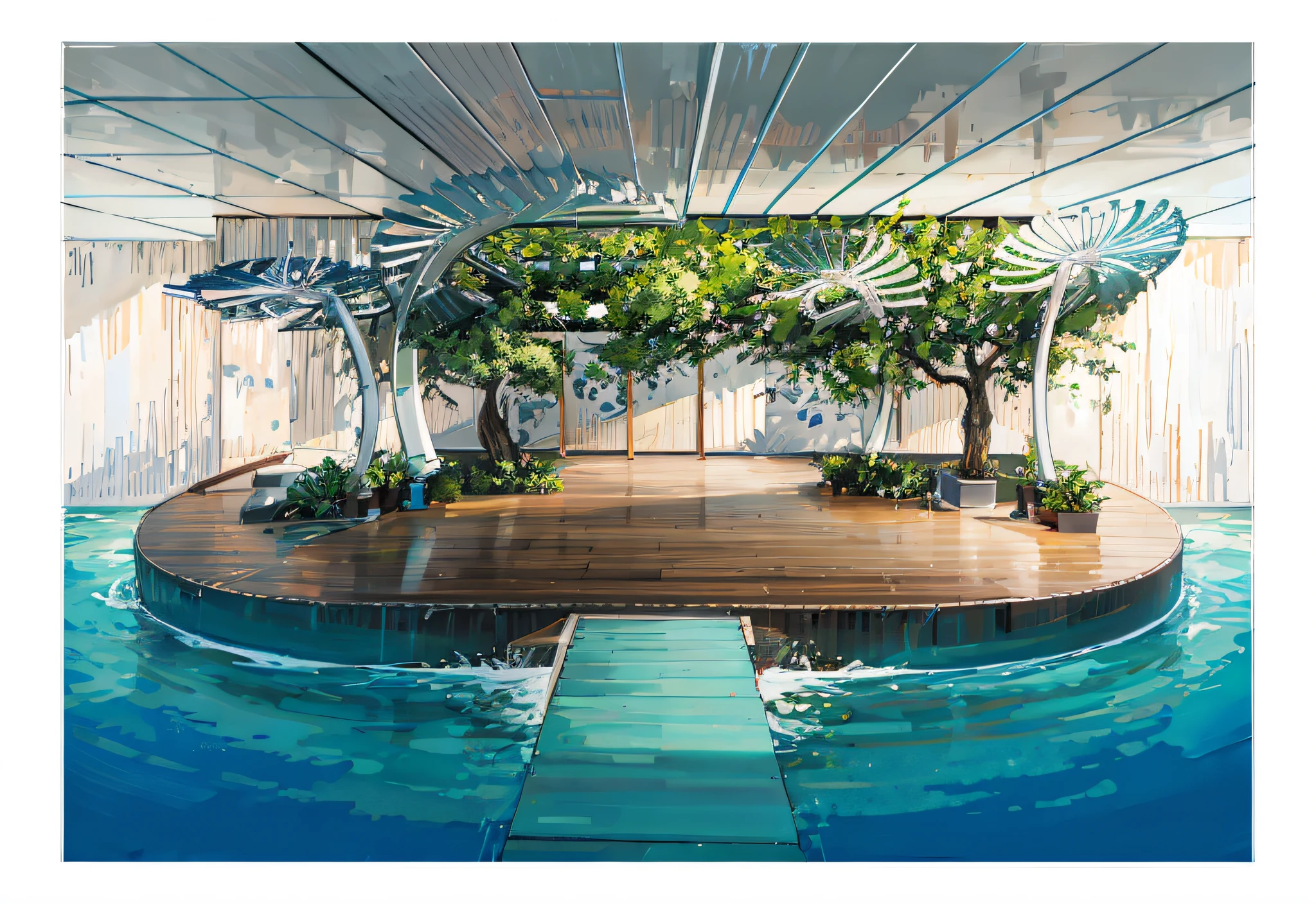 a drawing of a room with a bench and a planter, concept drawing, set design, sketch illustration, conceptual rendering, concept piece, detailed set design, by David Palumbo, architectural concept, black and white illustration, by Ayako Rokkaku, conceptual, architecture drawing, beautifully rendered, by Teresa Fasolino, by William Berra, architectural illustration, stage light, flare, add beam light on the floor, dancer on the stage, more light, lighting