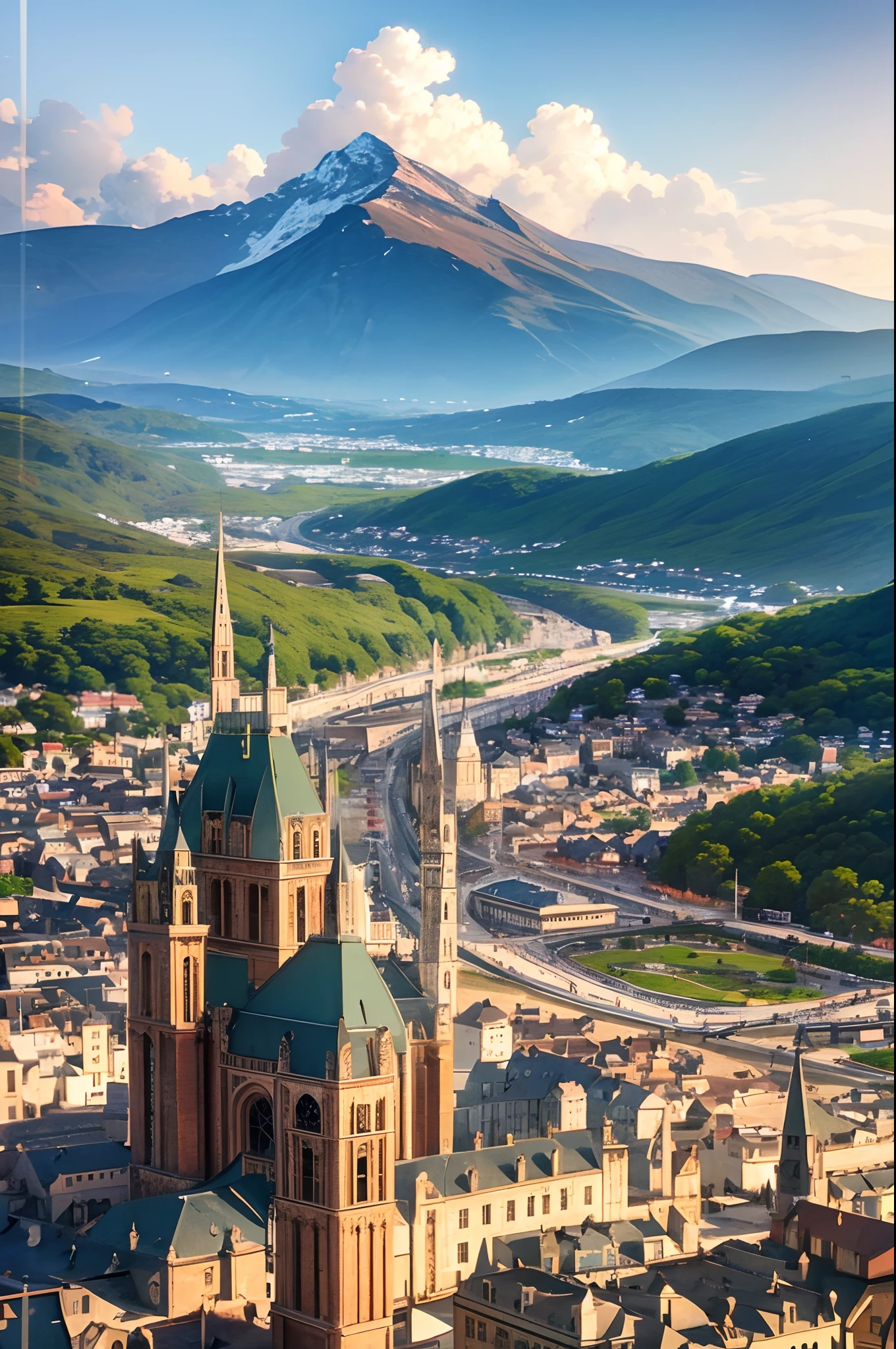 mountains in the distance behind a town with a clock tower, realistic photo of a town, photorealistic streetscape, beautiful small town, 3d rendered matte painting, french village exterior, matte painting v ray, photorealistic matte painting, small town, mattepainting, beautiful mattepainting, rendered in corona, highly detailed matte painting, a photorealistic rendering