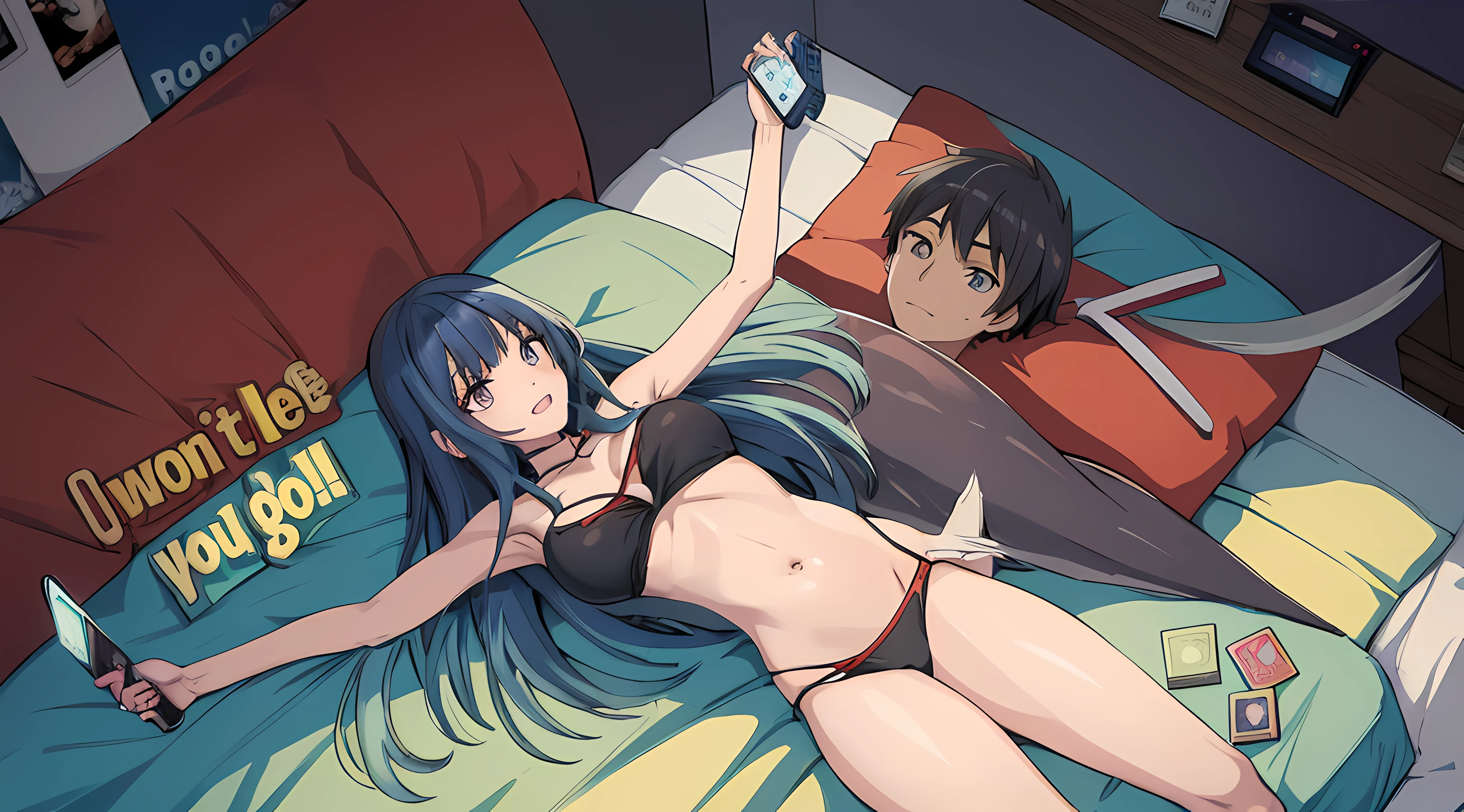 Anime scene of a bikini-clad woman lying on a bed with a remote control, menina anime sedutora, lindo anime sedutor adolescente, cel anime sombreado, holo is a wolf girl, Makise Kurisu, estilo anime ecchi, holo, terno asuka sob a roupa!, bottom angle, menina insanidade convocar sua morte, exciting illustration, menina anime atraente