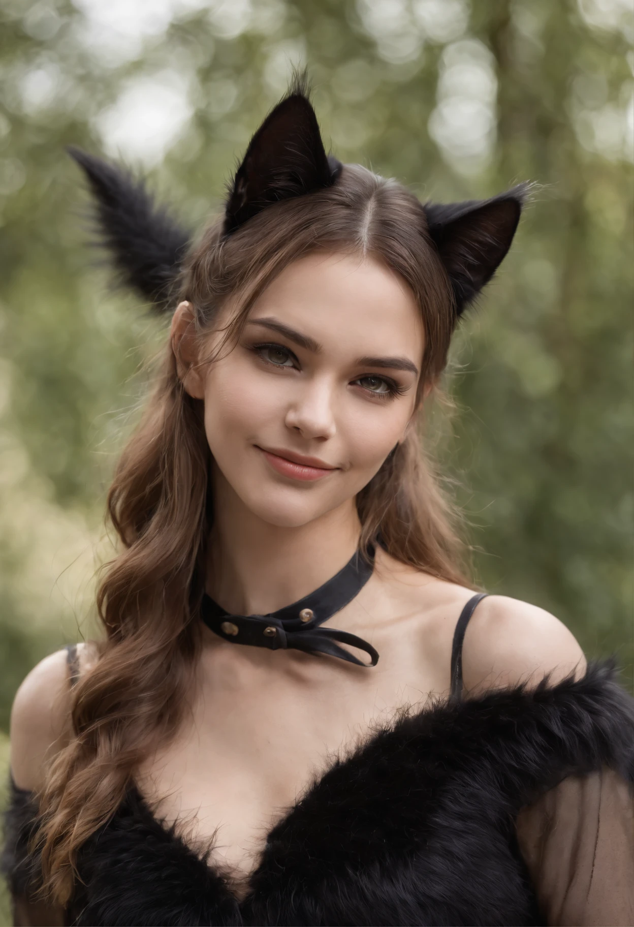 Beautiful muscular woman, Cat-wife, shaggy hairy, Cat's ears, cat tail, Sexy Cat Girl, black wool,collar, fangs, Wild smile,