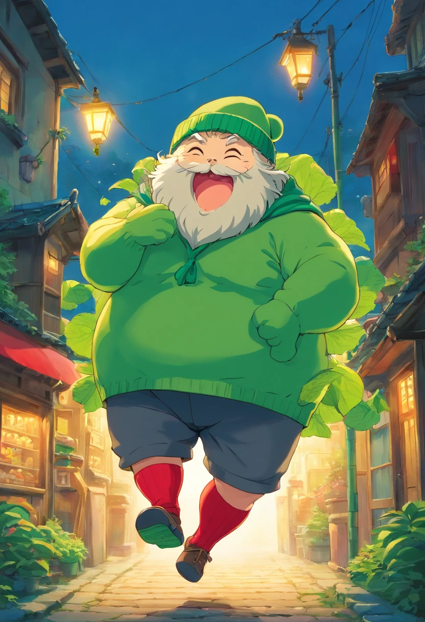 Fat bitter melon wearing a green beanie,There is a beard,Wear green woolen clothes,Wear red woolen socks,Than heart,big laughter