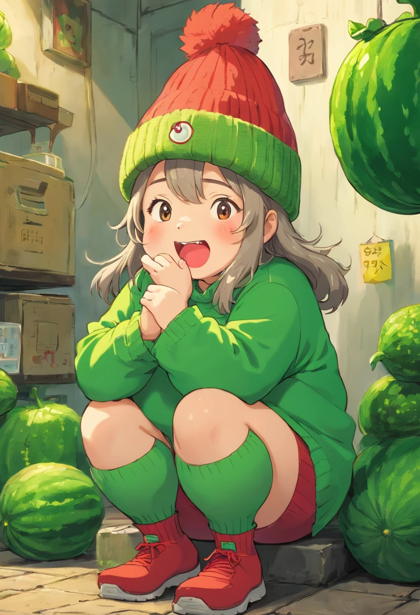 Fat bitter melon wearing a green beanie,There is a beard,Wear green woolen clothes,Wear red woolen socks,Than heart,big laughter