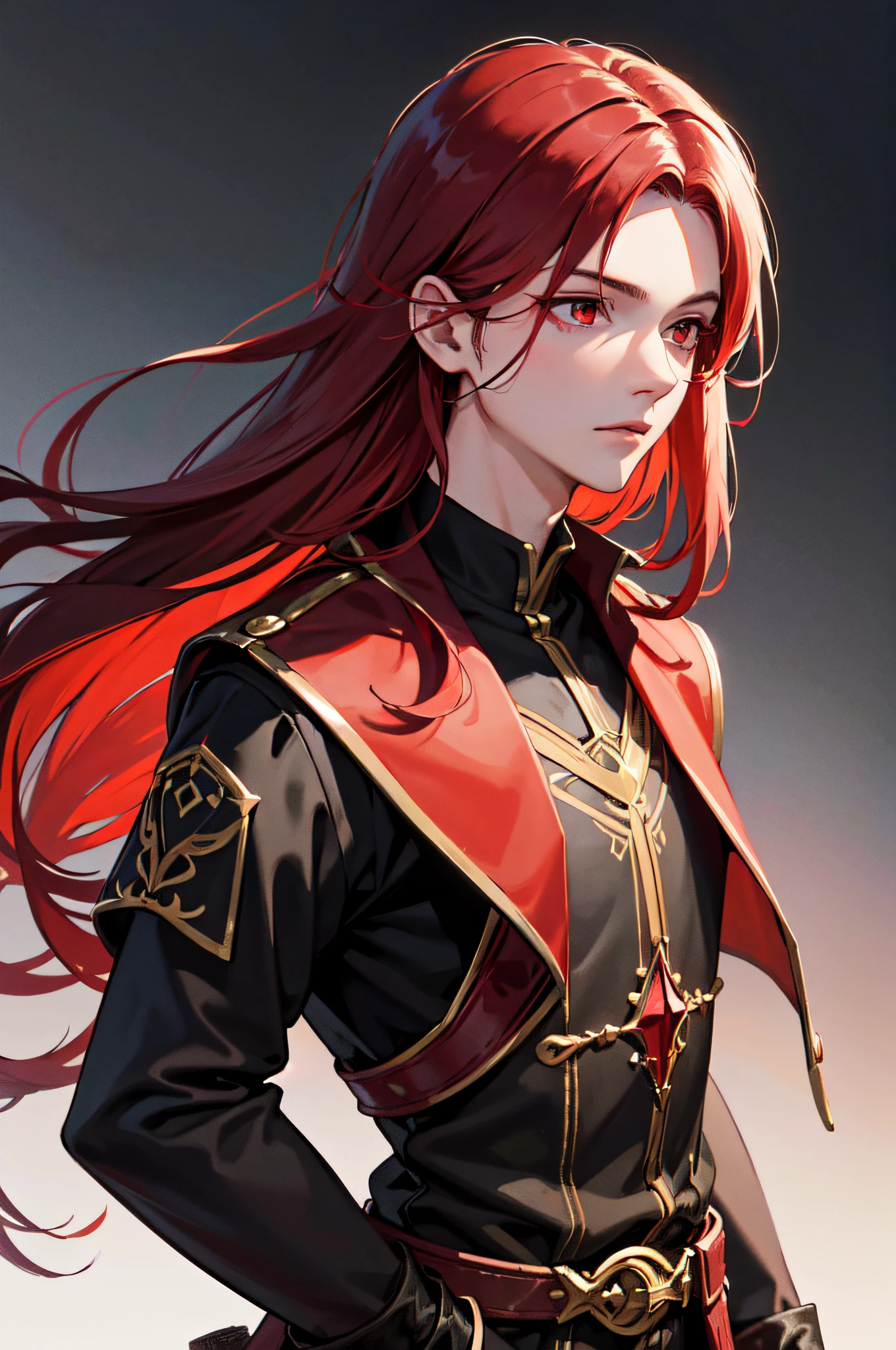 Masterpiece, Best Quality, highres, 1boy, Solo, Upper body only, plain background, Fantasy Clothing, body towards forward, red hair, long hair, red eyes, black clothing