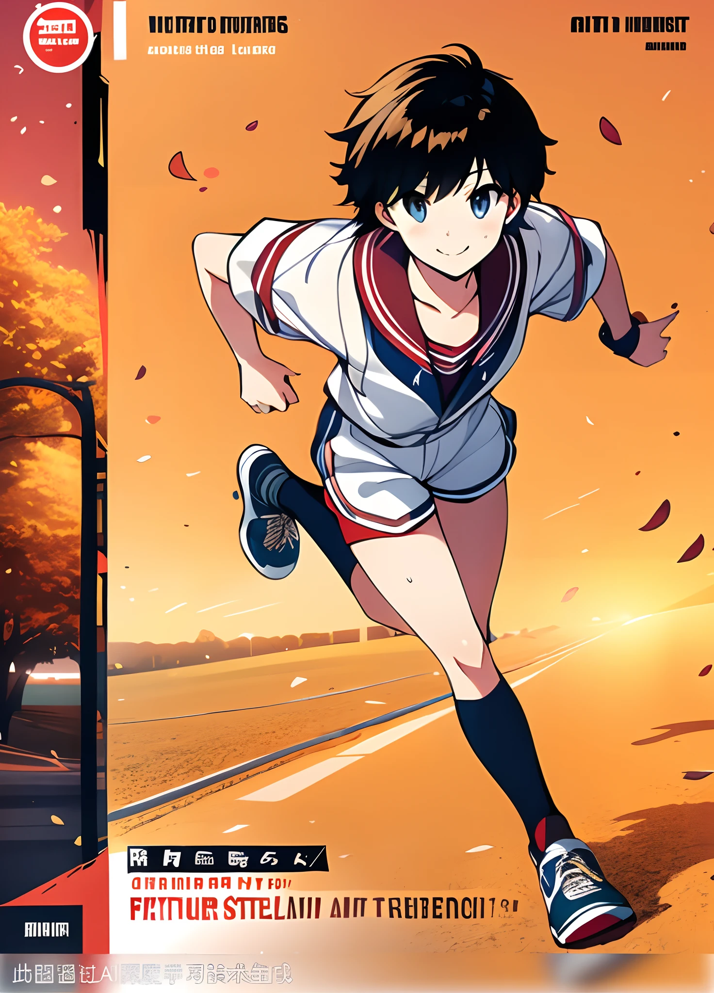 A boy and a girl，Adults，Wearing track suit，Run on the runway around campus，Work up a sweat ，A youthful breath，Full body like，Characters make up a quarter of the frame，The main body of the character is located in the lower right corner，Poster layout，