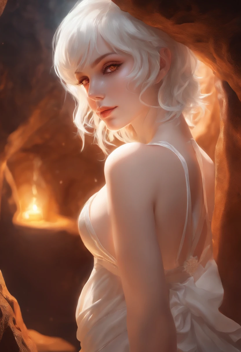 anime, elf, white short hair, in white lingerie, in a cave, close-up, full body, extremely detailed, Playboy pose, childhood friend, 8K, orange eye color, oil painting style, soft lighting, sexy pose