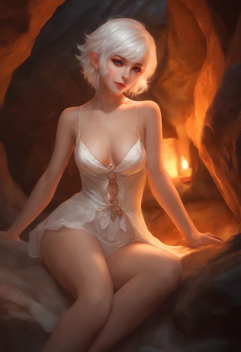 anime, elf, white short hair, in white lingerie, in a cave, close-up, full body, extremely detailed, Playboy pose, childhood friend, 8K, orange eye color, oil painting style, soft lighting, sexy pose