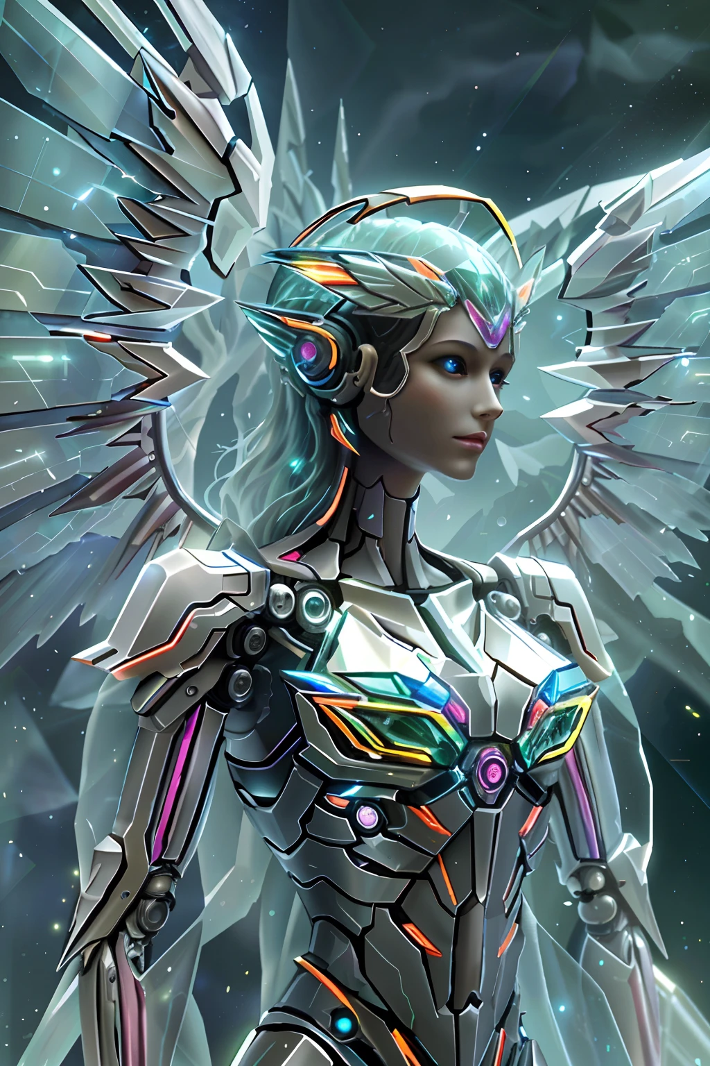 Translucent ethereal mechanical angel，Futuristic angels，Mechanical joints，Translucent mechanical wing，