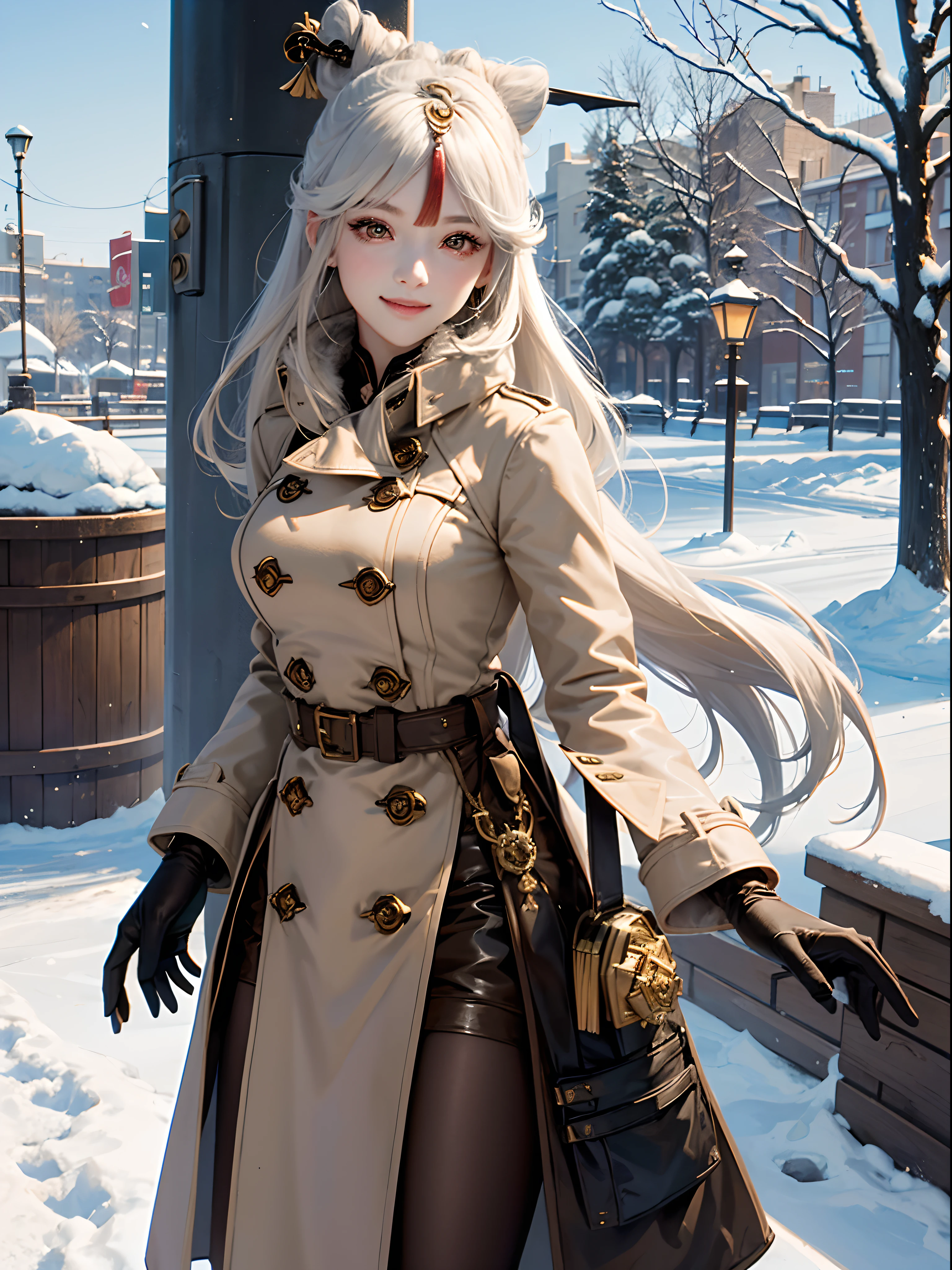 Ningguang(genshin impact), extremely detailed, 1 girl, Winter, snowy,((( wearing brown trenchcoat))), ((black pencil skirt)), realistic anime, 4k, wallpaper, smiling, cafe, white hairs