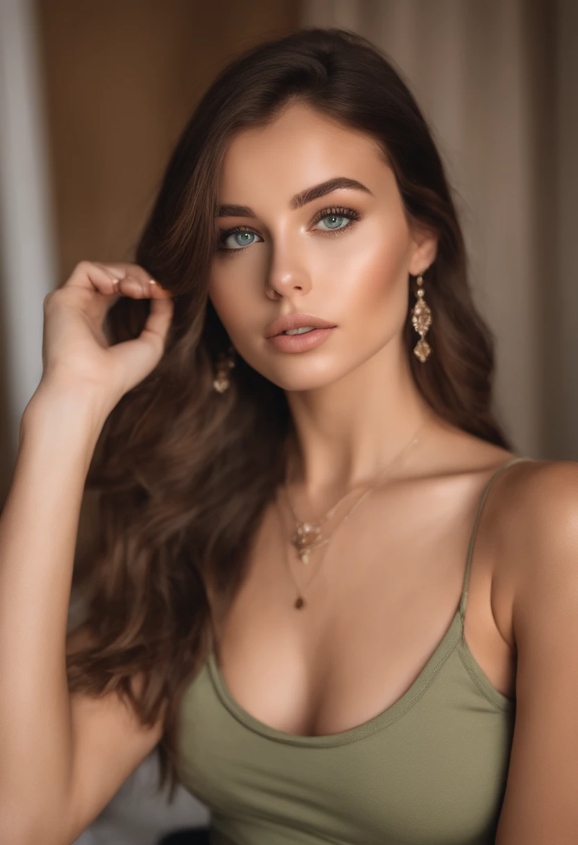 arafed woman with a white tank top and a necklace, sexy girl with green eyes, portrait sophie mudd, brown hair and large eyes, selfie of a young woman, bedroom eyes, violet myers, without makeup, natural makeup, looking directly at the camera, face with artgram, subtle makeup, stunning full body shot, piercing green eyes, wearing tight black mini dress