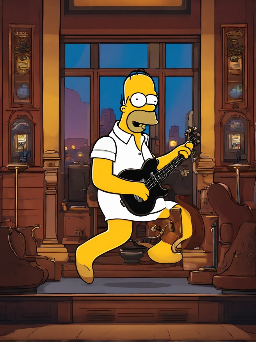 cafe shop，The Simpsons，Homer Simpson plays bass，homer simpson，dramatic lights，Dramatic colors，On stage，One guy，Play bass