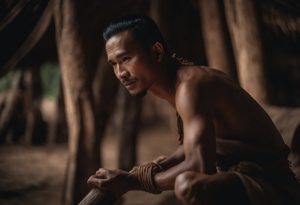 Thai man in slave costume holding a log, Ancient Thai House
