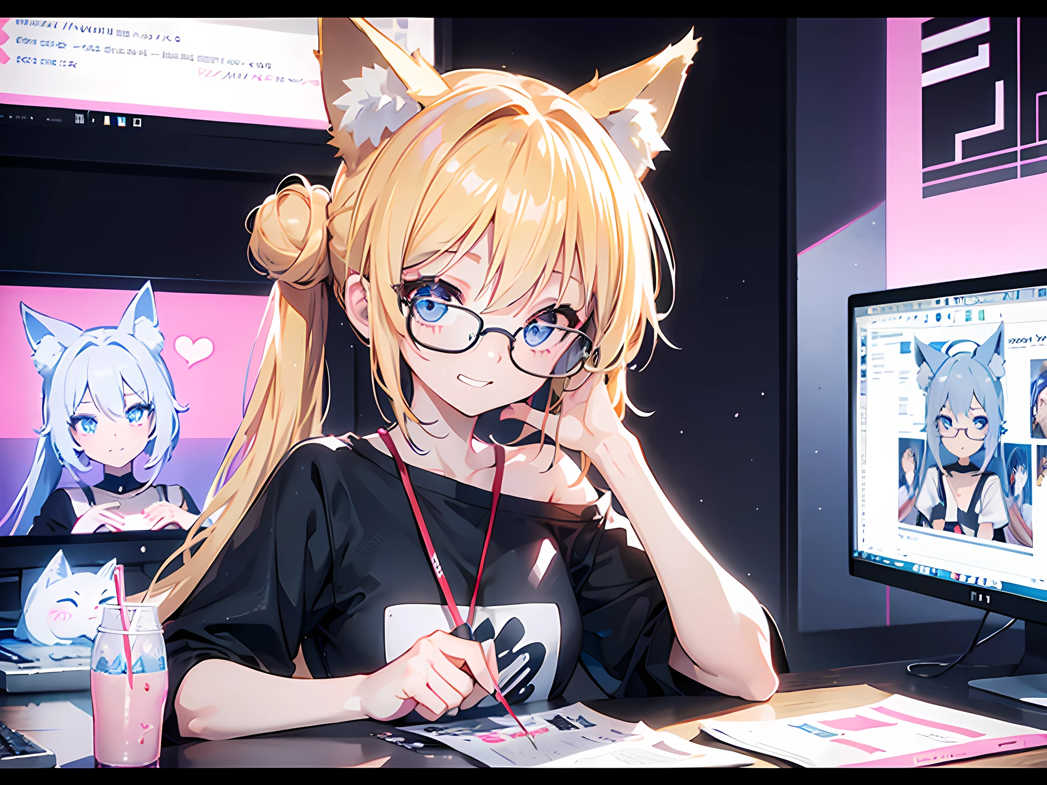 1girl, blue eyes, blonde short only left side pony bun hair with left over, cute fox ears and tail, wearing big round glasses, flat chest, wearing cat ears black T-shirt, exposed right shoulder, inside the house, sitting on a computer desk, playing games, grin smile, looking at viewer, anime style, 8k, high res, ultrasharp, masterpiece, render of april, stylized anime, lofi portrait, lofi artstyle, anime vibes, kawaii realistic portrait, lofi girl, anime stylized, render of a cute 3d anime girl, anime styled 3d, anime highly detailed, realistic anime 3 d style, with bloom ethereal effect