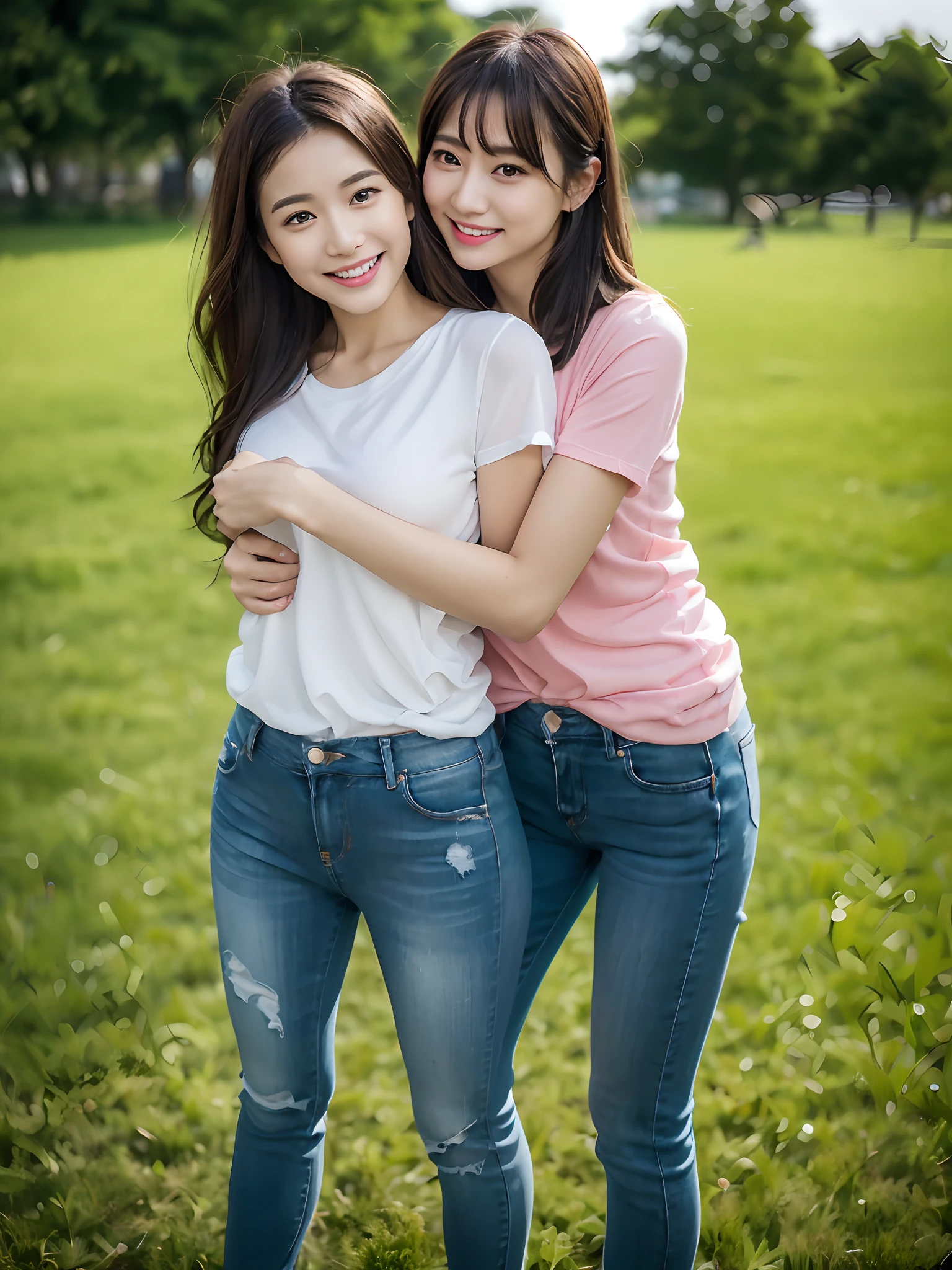 Two women standing in a field hugging each other - SeaArt AI