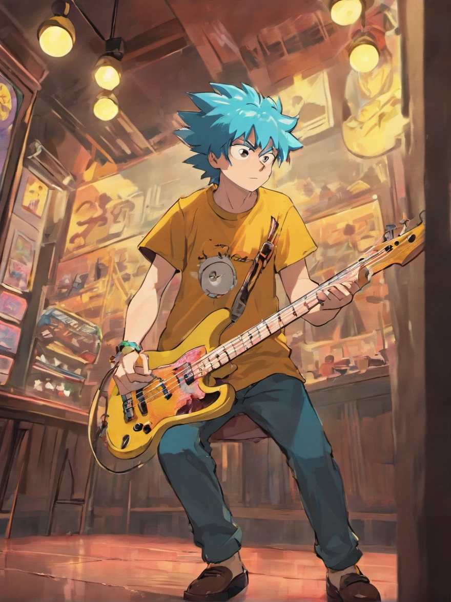 cafe shop,The Simpsons,Homer Simpson plays bass,homer simpson,dramatic lights,Dramatic colors,On stage,One guy,Play bass