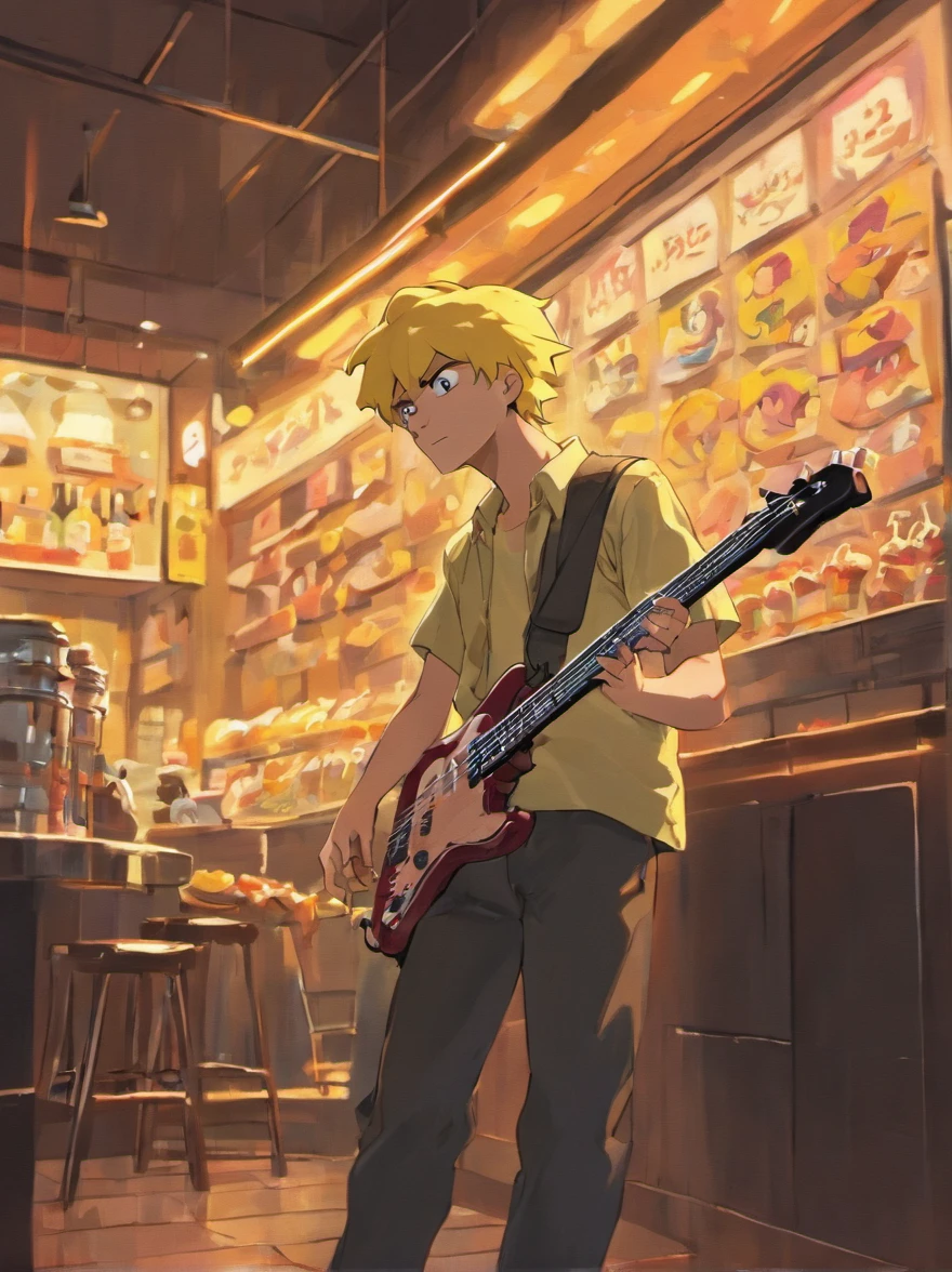 cafe shop,The Simpsons,Homer Simpson plays bass,homer simpson,dramatic lights,Dramatic colors,On stage,One guy,Play bass