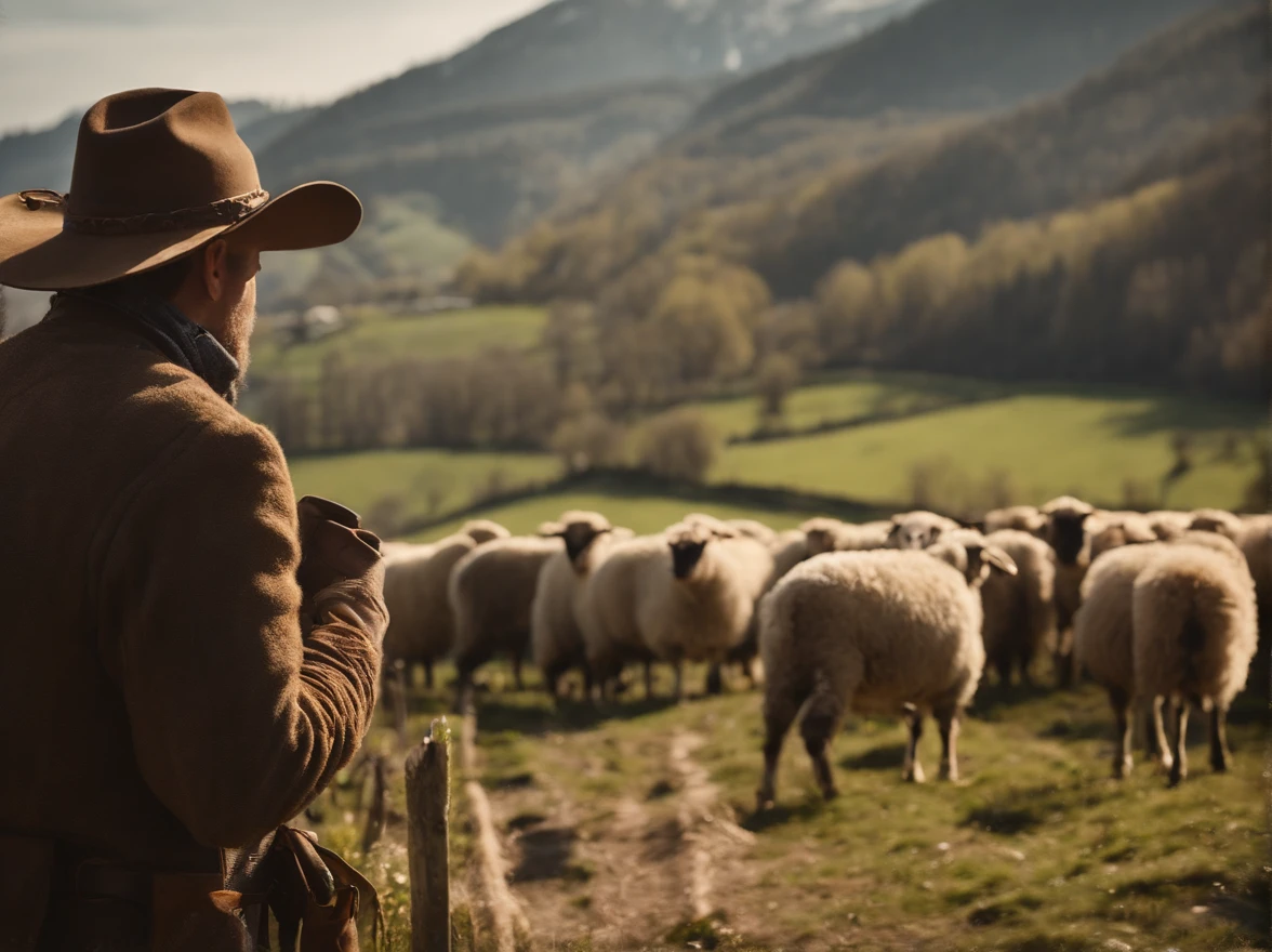 Montagne, Campagne, Village lointain, Cowboy gardant ses moutons, Printemps, sunny weather, D'un point de vue globale