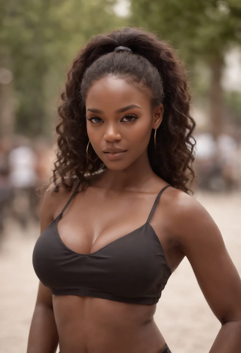 ((Dark African skin, very deep ebony skin)), ((Her beauty is undeniable)), ((cute excited face)), ((Hyper detailed perfect eyes,)), ((cute pose)), ( (Language out)), ((Attractive )), sexy, ((Tight knit shirt, sexy short shorts)), ((Afro curly african hair afro afro ponytail,)), ((skin)), (( standing, back view )), ((touching own legs in sexy pose)), ((shows her ass well)), ((outdoors, Public city)), Focused CGI, Fotorrealista, high detail, Realistic, Part mistress, Absurd, best quality, Hdr, High quality, High definition, extremely detailed, 8k wallpaper, Intricate details, 8K UHD, Full-HD, (Photo realistic:1.2), contrast, Strong lighting, Cinema lighting, lighting natural, hard light, backlight, global illumination, ambient occlusion, shows your ass well, perfect ass,