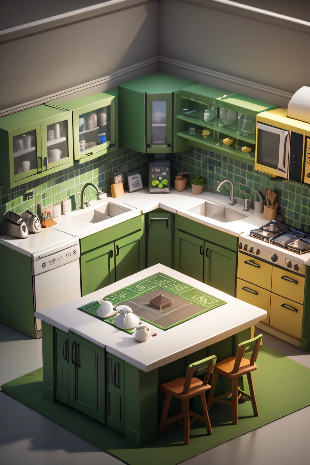 isometry, Kitchen in section, green refrigerator, tabletop,3D game