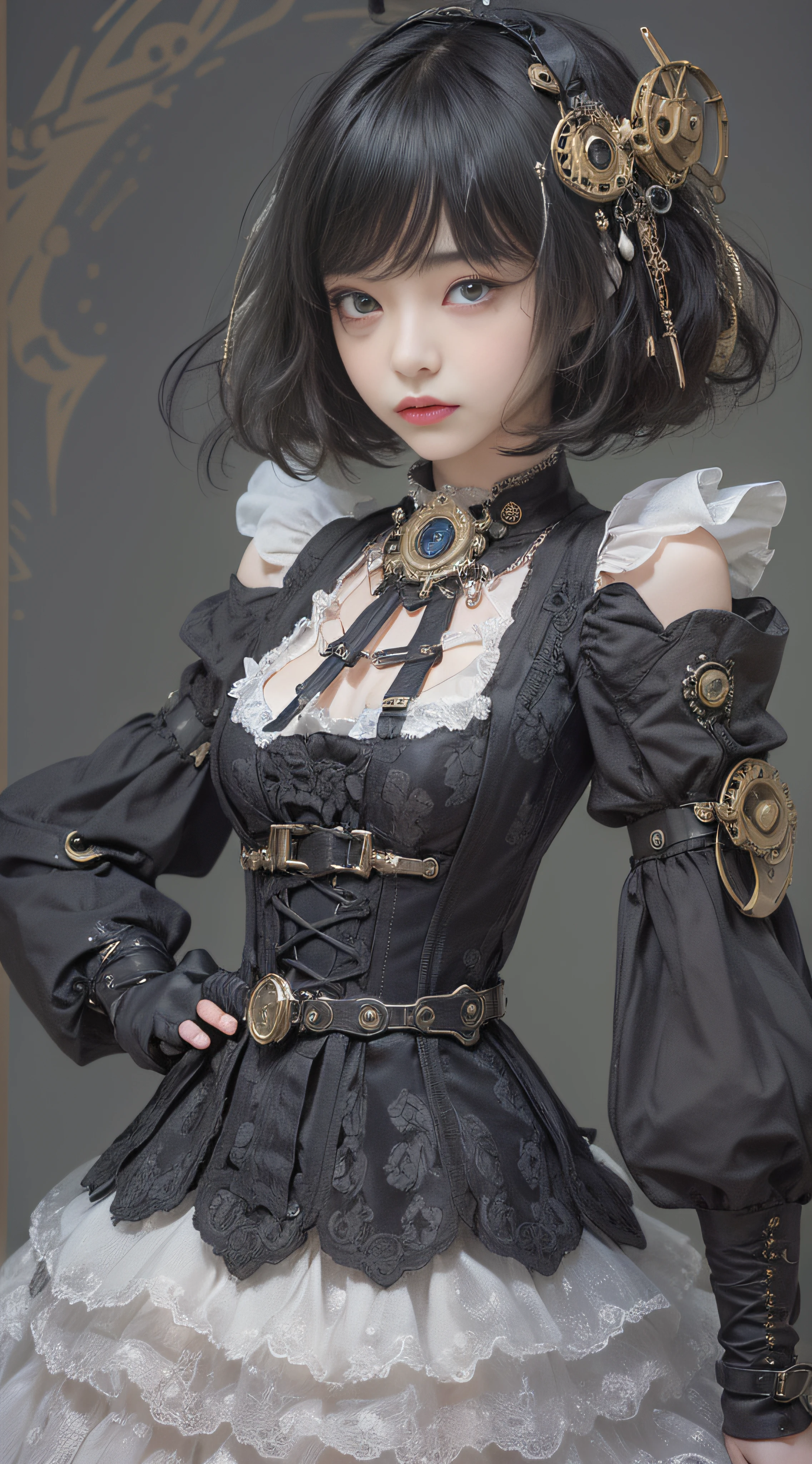 (((Masterpiece, top quality, super detailed))), (((high definition face))), 14 year old female,  (((short black bob, thick puffy bangs ))), (((very detailed face))), small thin nose, small thin-lipped mouth, (((very sharp focused eyes))), large slit precision pale grey eyes, sparkling like jewels, ((Very intricate mechanical steampunk fashion, Off-shoulder gothic lolita fashion)), (((overall accuracy has improved dramatically, creating a super detailed and realistic image))),
