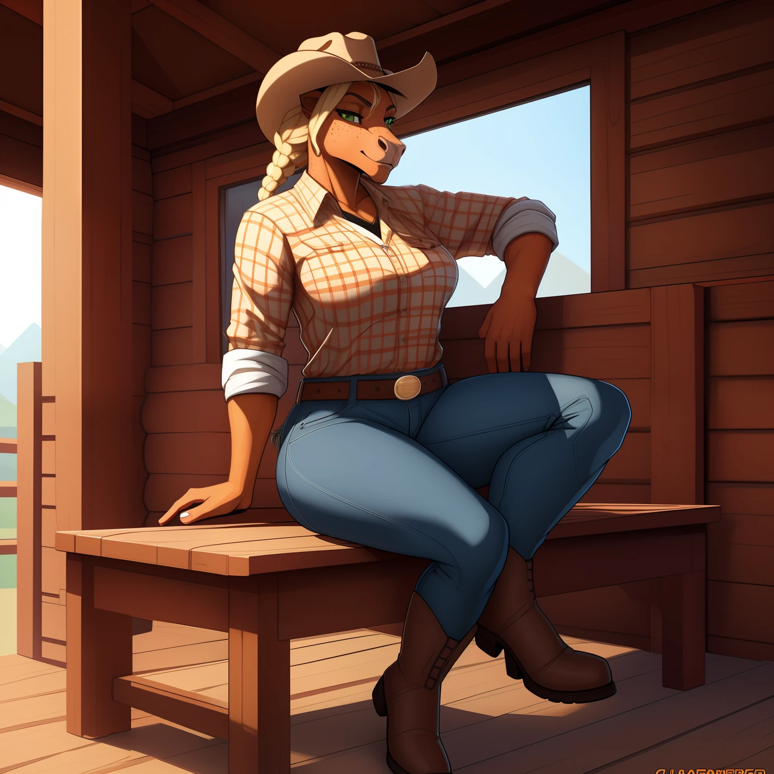 Athletic_mature_horse female blonde_mane long_single_braid orange_brown_furry_body green_eyes freckles plaid_shirt jeans cowboy_hat cowboy_boots thick_thighs cabin_porch solo Masterpiece best_quality absurdres highly_detailed cleanly_drawn_eyes anthro_only by_claweddrip, by_greasymojo, by_underscore-b, by_runawaystride