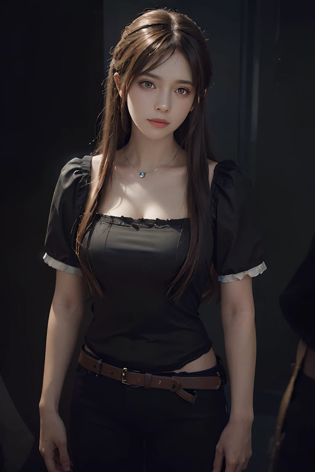 (front focus), (in the dark:1.6), Hyperrealist portrait of female by david hockney and alphonse mucha, fantasy art, photo realistic, dynamic lighting, artstation, poster, volumetric lighting, very detailed faces, 4 k, award winning, 1girl, in the dark, deep shadow, low key, cowboy shot, (official clothing:1.4), long hair, white hair