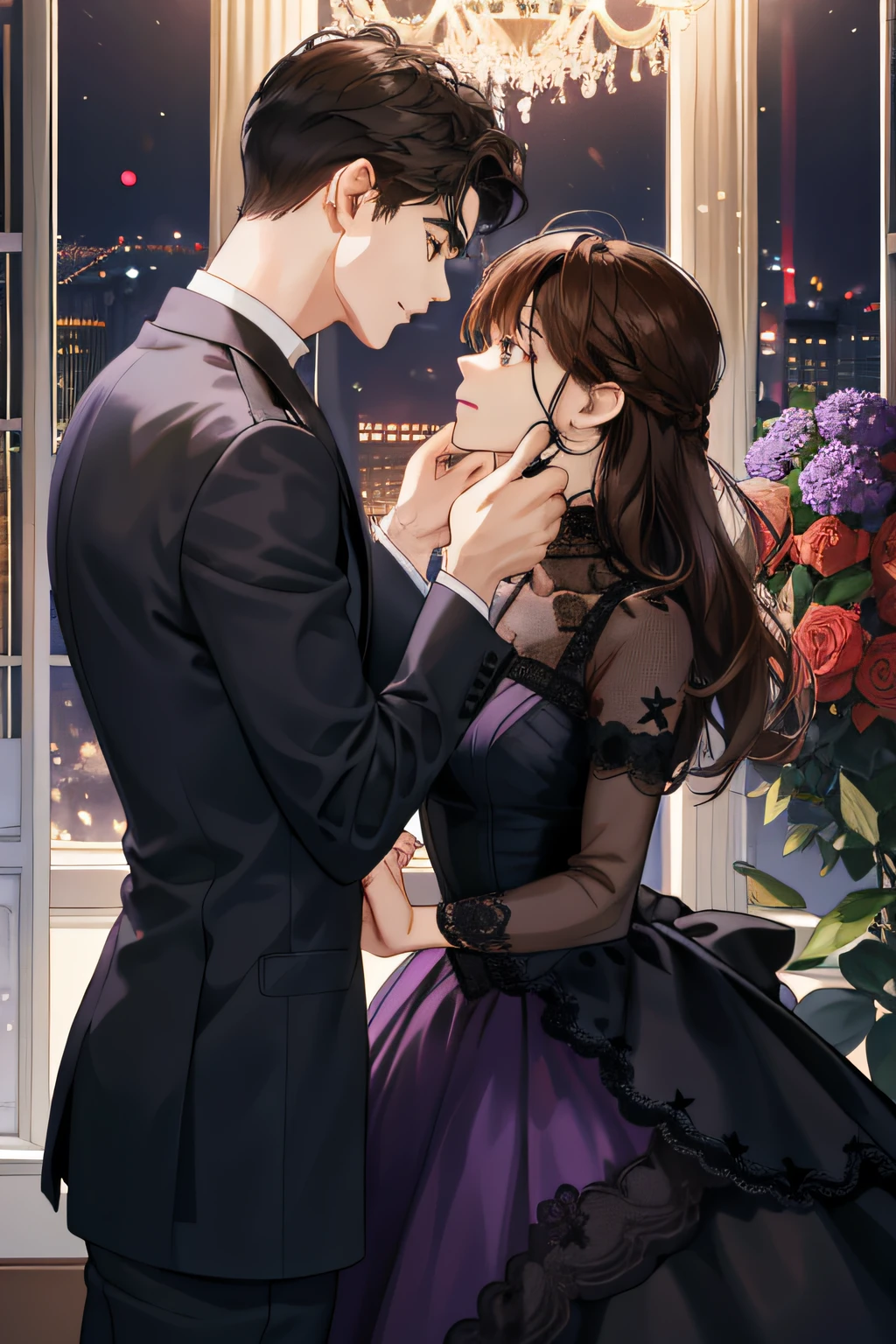 couple, 1 Girl 1 Boy, Face-to-face closure，Tease each other，Height difference，The boy was melancholy，The girl is timid，different hair color, Long black hair and brown eyes, Short light brown hair and gray eyes, Romance, Black Suite, Purple dress, United Kingdom, Luxury room background, Face to face, Romantic