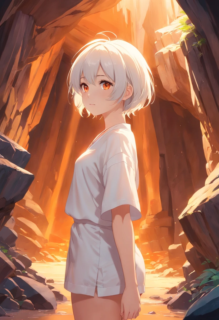 the anime, White short hair, in white linen, In the cave, a closeup of a, full - body, Beyond Playboy, childhood friend, 8K, Orange eye color, Oil Painting Style, soft-lighting, sexy pose, magic stick