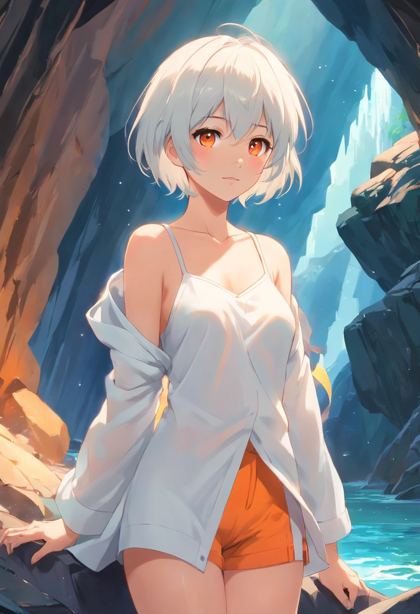 the anime, White short hair, in white linen, In the cave, a closeup of a, full - body, Beyond Playboy, childhood friend, 8K, Orange eye color, Oil Painting Style, soft-lighting, sexy pose, magic stick