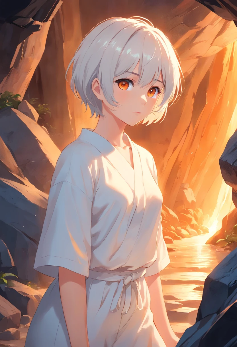 the anime, White short hair, in white linen, In the cave, a closeup of a, full - body, Beyond Playboy, childhood friend, 8K, Orange eye color, Oil Painting Style, soft-lighting, sexy pose, magic stick
