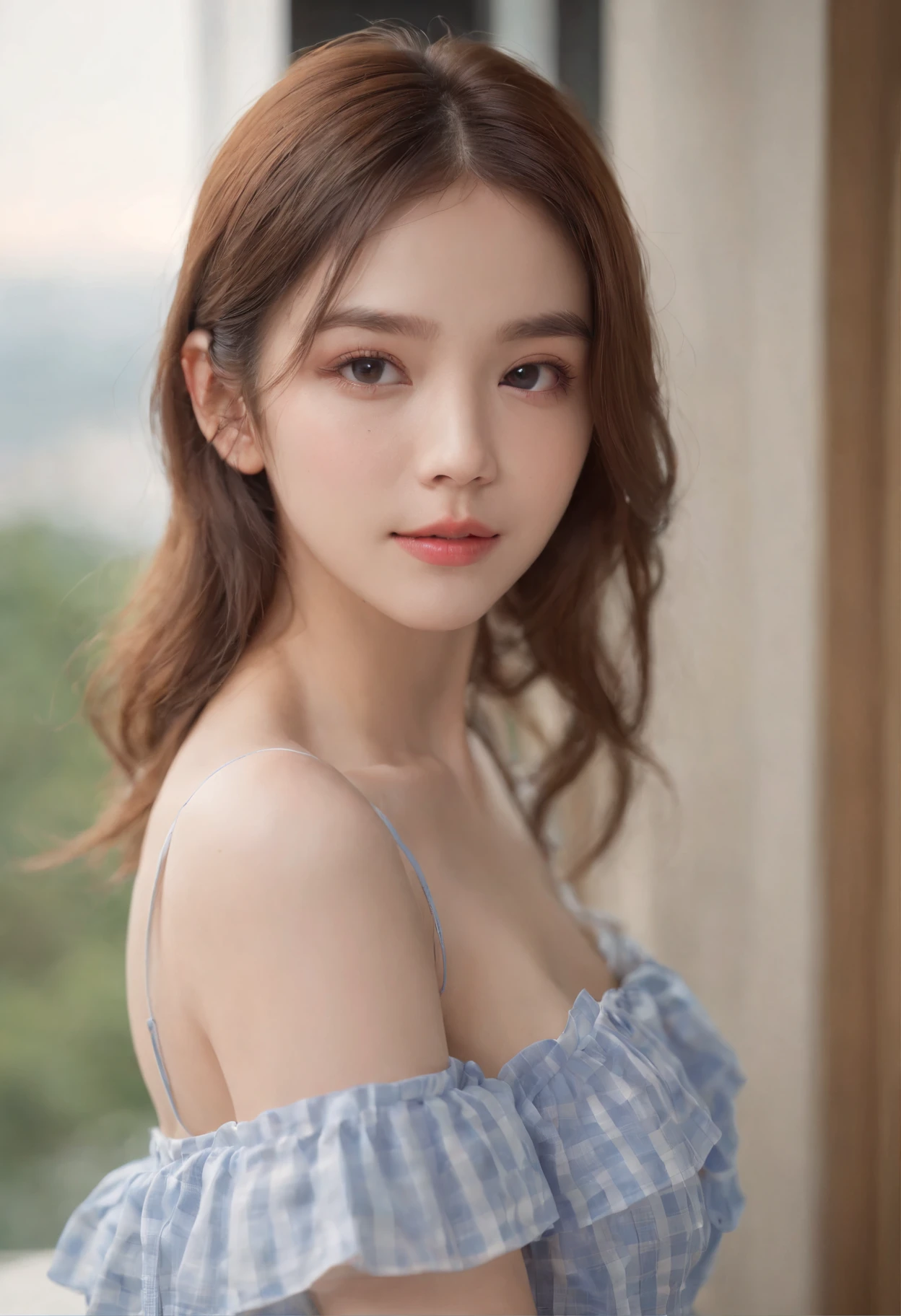 (((Medium hair))), best qualtiy, 8K, hdr, A high resolution, absurderes:1.2, blur backgroun, Background bokeh:1.2, photography of, (RAW photo:1.2), (真实感:1.4), (Masterpiece:1.3), (complexdetails:1.2), 1girll, 独奏, Korean girls, delicated, Beautiful detailed, (Detailed eyes), (Detailed facial features), emaciated, (((little breast))), Skin Firm, (Looking_at_peeping at the viewer), From_Front, （being thin），（best qualtiy：1.4），（超A high resolution：1.2），cinematic lighitnglamplight，（Extremely detailed illustration），（Gloss on lips，best qualtiy，超A high resolution，depth of fields，Caustics，Extensive illumination，naturalshadow，85mm， f/1.4, iso 200, 1/160s:0.75),1girll, Solo, (((blue tanktop))) Smile, ((校服,Plaid pleated skirt,‎Classroom))
