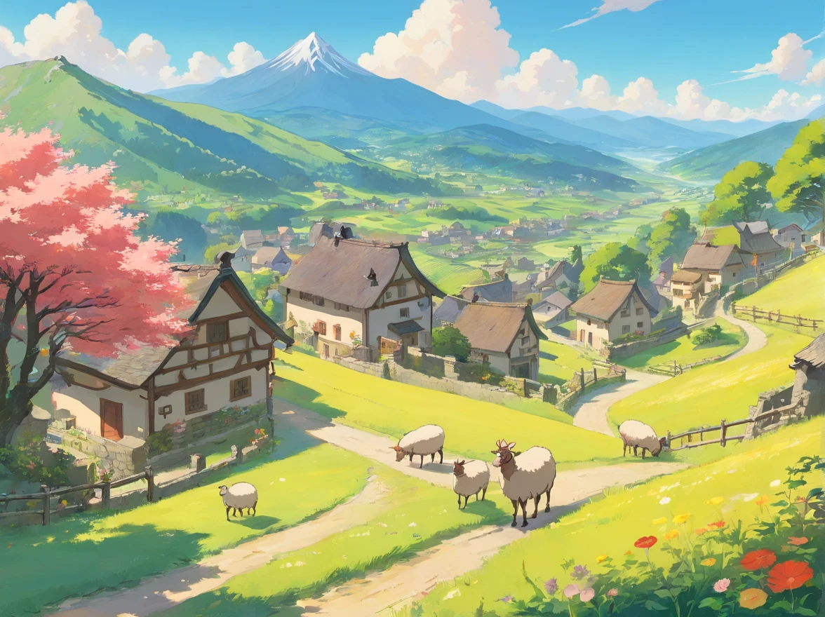 Montagne, Campagne, Village lointain, Cowboy gardant ses moutons, Printemps, sunny weather, D'un point de vue globale
