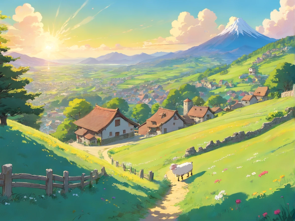 Montagne, Campagne, Village lointain, Cowboy gardant ses moutons, Printemps, sunny weather, D'un point de vue globale