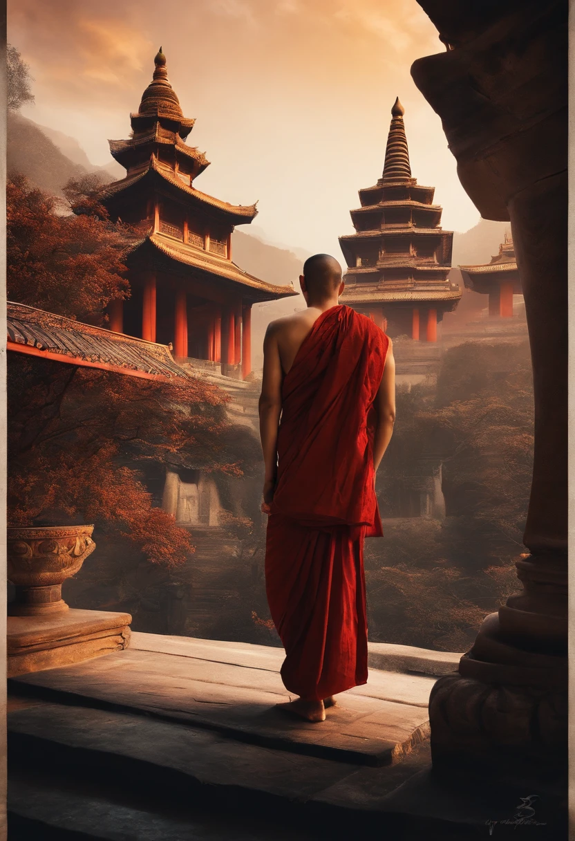 temple,monk, Ink style