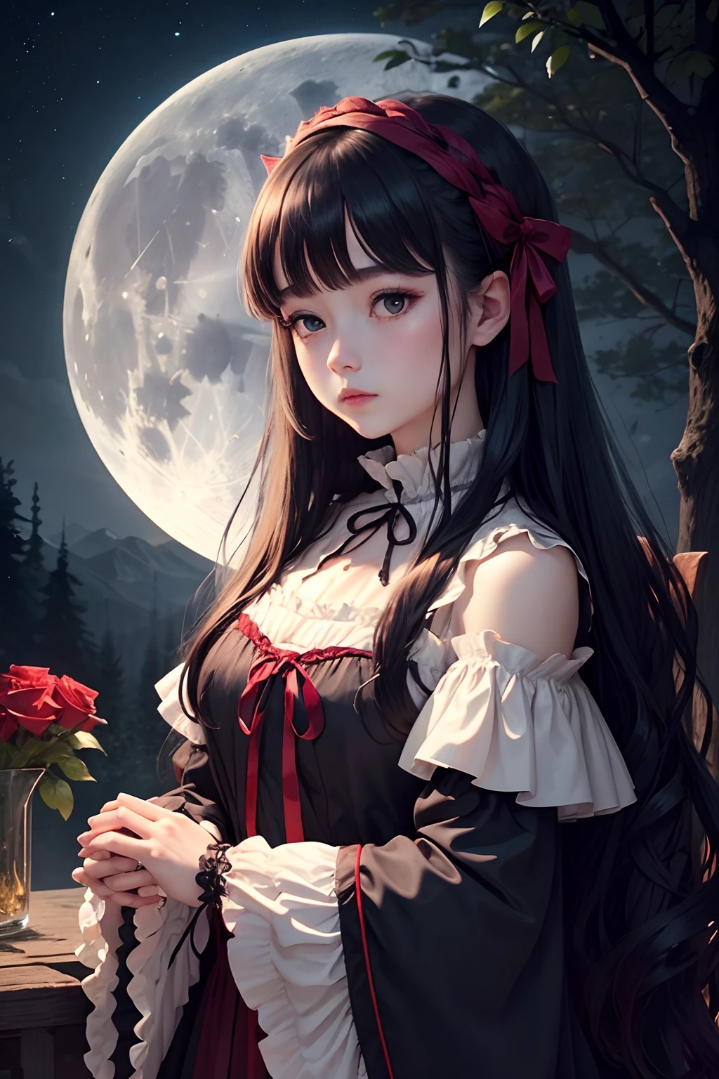 Dark and eerie forest、Full moon in the night sky、Scattering Red Roses、Bell sleep only at the tip of the sleeve、Ruffled sleeves、、Sleeves open from the wrist、medieval Europe、Big bright eyes、fleeting、bow ribbon、Straight Long Hair、
