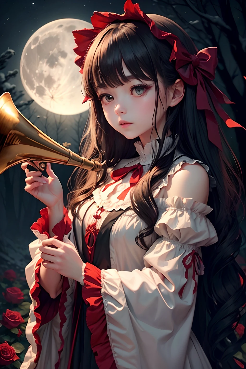 Dark and eerie forest、Full moon in the night sky、Scattering Red Roses、Trumpet sleep only at the tip of the sleeve、Ruffled sleeves、、Sleeves open from the wrist、medieval Europe、Big bright eyes、fleeting、bow ribbon、Straight Long Hair、