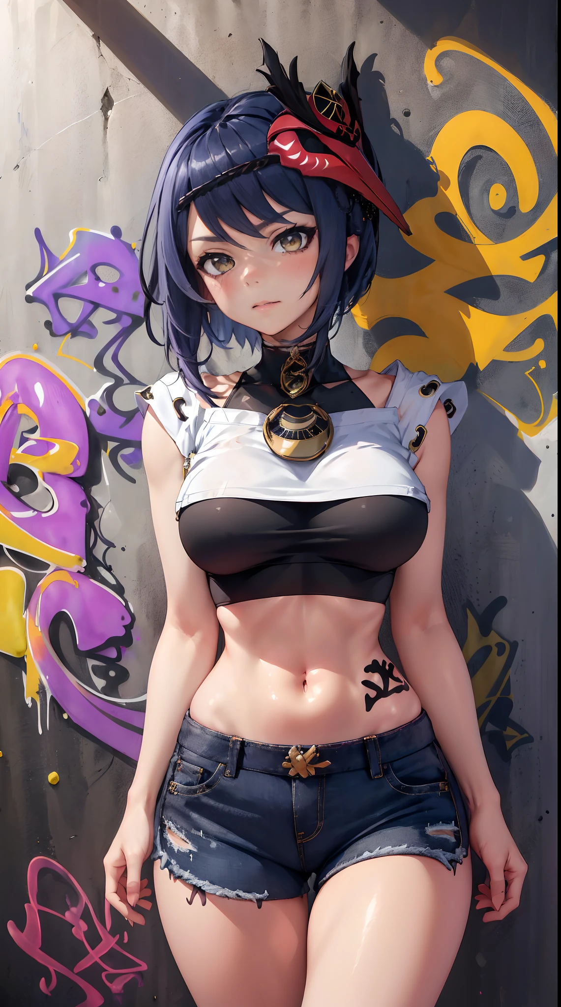 Kujou Sara Genshin Effect, masterpiece, bestquality, 1girls, mediuml breasts, long-haired ,Ponytail, bara, crop top, shorts jeans, choker, (Graffiti:1.5), Splash with purple lightning pattern., arm behind back, against wall, Look at the audience from behind., bracelet, Thigh strap, Head tilt, bored, Ponytail, water eyes, sexy, pretty