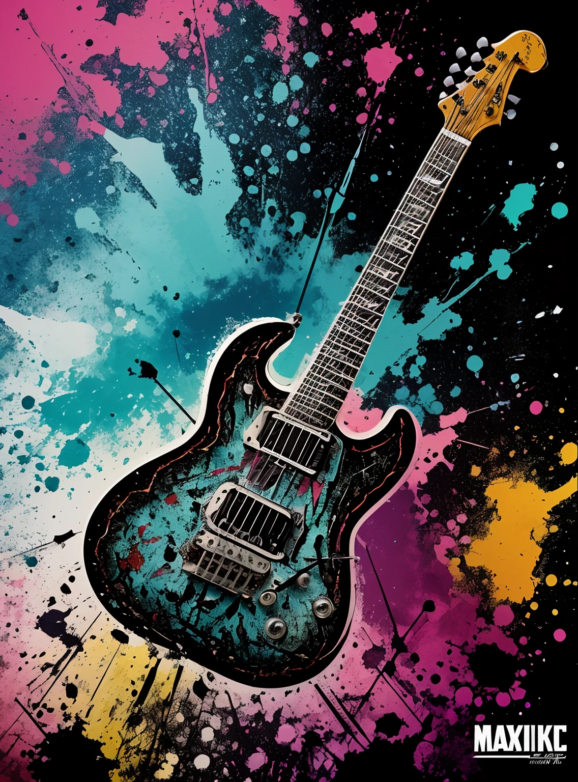 Design a T-shirt print featuring an illustration of a skeleton playing a rock guitar. Remove the background and add scattered paint splatters for added effect. Pay meticulous attention to (((intricate details))) such as the skeleton's bones and the guitar strings. Aim for ((extreme detail quality)) to make the design visually striking. Create a ((dynamic composition)) that conveys the energy and excitement of rock music. Utilize a color palette that enhances the rock 'n' roll vibe.